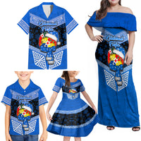 Personalised Tonga Christmas Family Matching Off Shoulder Maxi Dress and Hawaiian Shirt Tongan Coat of Arms Santa With Ngatu Pattern Christmas Blue Style LT03 - Polynesian Pride