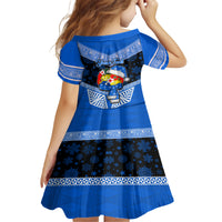 Personalised Tonga Christmas Kid Short Sleeve Dress Tongan Coat of Arms Santa With Ngatu Pattern Christmas Blue Style LT03 - Polynesian Pride