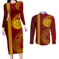 Tonga Ha'apai High School Couples Matching Long Sleeve Bodycon Dress and Long Sleeve Button Shirt Ngatu and Maori Ethnic Tribal Pattern LT03 Red - Polynesian Pride