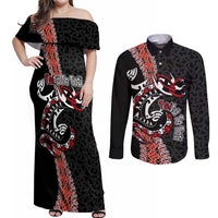Aotearoa Toitu Te Tiriti Couples Matching Off Shoulder Maxi Dress and Long Sleeve Button Shirt Maori Taniwha Haka - Honour the Treaty LT03 Black - Polynesian Pride