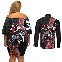 Aotearoa Toitu Te Tiriti Couples Matching Off Shoulder Short Dress and Long Sleeve Button Shirt Maori Taniwha Haka - Honour the Treaty LT03 - Polynesian Pride