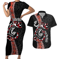 Aotearoa Toitu Te Tiriti Couples Matching Short Sleeve Bodycon Dress and Hawaiian Shirt Maori Taniwha Haka - Honour the Treaty LT03 Black - Polynesian Pride