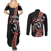 Aotearoa Toitu Te Tiriti Couples Matching Summer Maxi Dress and Long Sleeve Button Shirt Maori Taniwha Haka - Honour the Treaty LT03 - Polynesian Pride