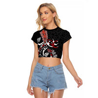 Aotearoa Toitu Te Tiriti Raglan Cropped T Shirt Maori Taniwha Haka - Honour the Treaty LT03 Female Black - Polynesian Pride