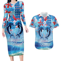 Hawaiian Dolphin Love Couple - Ocean Heart Couples Matching Long Sleeve Bodycon Dress and Hawaiian Shirt LT03 Blue - Polynesian Pride