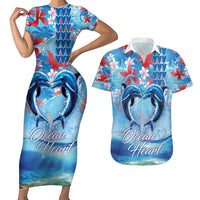 Hawaiian Dolphin Love Couple - Ocean Heart Couples Matching Short Sleeve Bodycon Dress and Hawaiian Shirt LT03 Blue - Polynesian Pride