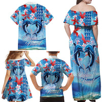 Hawaiian Dolphin Love Couple - Ocean Heart Family Matching Off Shoulder Maxi Dress and Hawaiian Shirt LT03 - Polynesian Pride