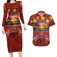 Hawaiian Turtle Love Couple Couples Matching Long Sleeve Bodycon Dress and Hawaiian Shirt Ocean Serenade - Honu Honi Ihu with Hibiscus and Romantic Sunset Red Color LT03 Red - Polynesian Pride