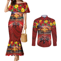 Hawaiian Turtle Love Couple Couples Matching Mermaid Dress and Long Sleeve Button Shirt Ocean Serenade - Honu Honi Ihu with Hibiscus and Romantic Sunset Red Color LT03 Red - Polynesian Pride