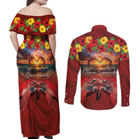 Hawaiian Turtle Love Couple Couples Matching Off Shoulder Maxi Dress and Long Sleeve Button Shirt Ocean Serenade - Honu Honi Ihu with Hibiscus and Romantic Sunset Red Color LT03 - Polynesian Pride