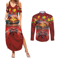 Hawaiian Turtle Love Couple Couples Matching Summer Maxi Dress and Long Sleeve Button Shirt Ocean Serenade - Honu Honi Ihu with Hibiscus and Romantic Sunset Red Color LT03 Red - Polynesian Pride