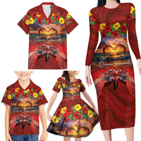 Hawaiian Turtle Love Couple Family Matching Long Sleeve Bodycon Dress and Hawaiian Shirt Ocean Serenade - Honu Honi Ihu with Hibiscus and Romantic Sunset Red Color LT03 - Polynesian Pride