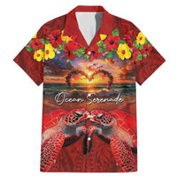 Hawaiian Turtle Love Couple Family Matching Mermaid Dress and Hawaiian Shirt Ocean Serenade - Honu Honi Ihu with Hibiscus and Romantic Sunset Red Color LT03 Dad's Shirt - Short Sleeve Red - Polynesian Pride