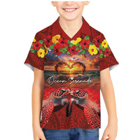 Hawaiian Turtle Love Couple Family Matching Mermaid Dress and Hawaiian Shirt Ocean Serenade - Honu Honi Ihu with Hibiscus and Romantic Sunset Red Color LT03 Son's Shirt Red - Polynesian Pride