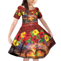Hawaiian Turtle Love Couple Family Matching Off Shoulder Short Dress and Hawaiian Shirt Ocean Serenade - Honu Honi Ihu with Hibiscus and Romantic Sunset Red Color LT03 Daughter's Dress Red - Polynesian Pride