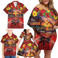 Hawaiian Turtle Love Couple Family Matching Off Shoulder Short Dress and Hawaiian Shirt Ocean Serenade - Honu Honi Ihu with Hibiscus and Romantic Sunset Red Color LT03 - Polynesian Pride