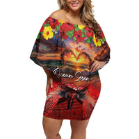 Hawaiian Turtle Love Couple Family Matching Off Shoulder Short Dress and Hawaiian Shirt Ocean Serenade - Honu Honi Ihu with Hibiscus and Romantic Sunset Red Color LT03 Mom's Dress Red - Polynesian Pride