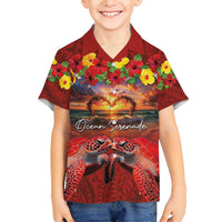 Hawaiian Turtle Love Couple Family Matching Off Shoulder Short Dress and Hawaiian Shirt Ocean Serenade - Honu Honi Ihu with Hibiscus and Romantic Sunset Red Color LT03 Son's Shirt Red - Polynesian Pride
