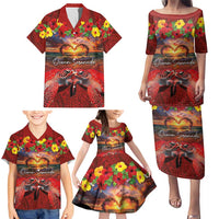 Hawaiian Turtle Love Couple Family Matching Puletasi and Hawaiian Shirt Ocean Serenade - Honu Honi Ihu with Hibiscus and Romantic Sunset Red Color LT03 - Polynesian Pride
