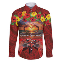 Hawaiian Turtle Love Couple Family Matching Short Sleeve Bodycon Dress and Hawaiian Shirt Ocean Serenade - Honu Honi Ihu with Hibiscus and Romantic Sunset Red Color