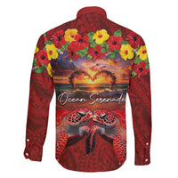 Hawaiian Turtle Love Couple Family Matching Short Sleeve Bodycon Dress and Hawaiian Shirt Ocean Serenade - Honu Honi Ihu with Hibiscus and Romantic Sunset Red Color