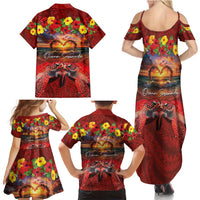 Hawaiian Turtle Love Couple Family Matching Summer Maxi Dress and Hawaiian Shirt Ocean Serenade - Honu Honi Ihu with Hibiscus and Romantic Sunset Red Color LT03 - Polynesian Pride
