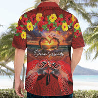 Hawaiian Turtle Love Couple Hawaiian Shirt Ocean Serenade - Honu Honi Ihu with Hibiscus and Romantic Sunset Red Color LT03 - Polynesian Pride