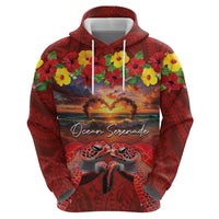 Hawaiian Turtle Love Couple Hoodie Ocean Serenade - Honu Honi Ihu with Hibiscus and Romantic Sunset Red Color LT03 - Polynesian Pride