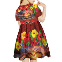 Hawaiian Turtle Love Couple Kid Short Sleeve Dress Ocean Serenade - Honu Honi Ihu with Hibiscus and Romantic Sunset Red Color LT03 - Polynesian Pride