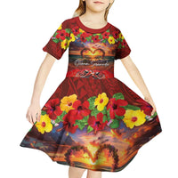 Hawaiian Turtle Love Couple Kid Short Sleeve Dress Ocean Serenade - Honu Honi Ihu with Hibiscus and Romantic Sunset Red Color LT03 - Polynesian Pride
