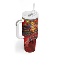 Hawaiian Turtle Love Couple Tumbler With Handle Ocean Serenade - Honu Honi Ihu with Hibiscus and Romantic Sunset Red Color LT03 - Polynesian Pride
