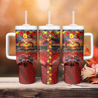 Hawaiian Turtle Love Couple Tumbler With Handle Ocean Serenade - Honu Honi Ihu with Hibiscus and Romantic Sunset Red Color LT03 - Polynesian Pride