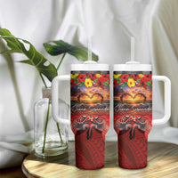 Hawaiian Turtle Love Couple Tumbler With Handle Ocean Serenade - Honu Honi Ihu with Hibiscus and Romantic Sunset Red Color LT03 - Polynesian Pride