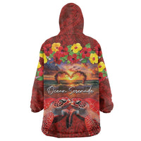 Hawaiian Turtle Love Couple Wearable Blanket Hoodie Ocean Serenade - Honu Honi Ihu with Hibiscus and Romantic Sunset Red Color LT03 - Polynesian Pride