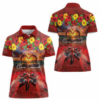 Hawaiian Turtle Love Couple Women Polo Shirt Ocean Serenade - Honu Honi Ihu with Hibiscus and Romantic Sunset Red Color LT03 - Polynesian Pride