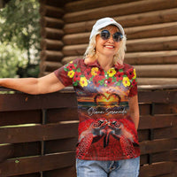 Hawaiian Turtle Love Couple Women Polo Shirt Ocean Serenade - Honu Honi Ihu with Hibiscus and Romantic Sunset Red Color LT03 - Polynesian Pride