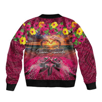 Hawaiian Turtle Love Couple Bomber Jacket Ocean Serenade - Honu Honi Ihu with Hibiscus and Romantic Sunset Pink Color
