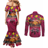 Hawaiian Turtle Love Couple Couples Matching Mermaid Dress and Long Sleeve Button Shirt Ocean Serenade - Honu Honi Ihu with Hibiscus and Romantic Sunset Pink Color LT03 - Polynesian Pride