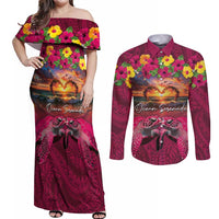 Hawaiian Turtle Love Couple Couples Matching Off Shoulder Maxi Dress and Long Sleeve Button Shirt Ocean Serenade - Honu Honi Ihu with Hibiscus and Romantic Sunset Pink Color LT03 Pink - Polynesian Pride