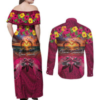 Hawaiian Turtle Love Couple Couples Matching Off Shoulder Maxi Dress and Long Sleeve Button Shirt Ocean Serenade - Honu Honi Ihu with Hibiscus and Romantic Sunset Pink Color LT03 - Polynesian Pride