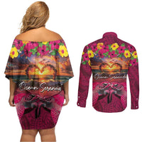 Hawaiian Turtle Love Couple Couples Matching Off Shoulder Short Dress and Long Sleeve Button Shirt Ocean Serenade - Honu Honi Ihu with Hibiscus and Romantic Sunset Pink Color LT03 - Polynesian Pride