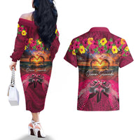 Hawaiian Turtle Love Couple Couples Matching Off The Shoulder Long Sleeve Dress and Hawaiian Shirt Ocean Serenade - Honu Honi Ihu with Hibiscus and Romantic Sunset Pink Color LT03 - Polynesian Pride