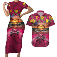 Hawaiian Turtle Love Couple Couples Matching Short Sleeve Bodycon Dress and Hawaiian Shirt Ocean Serenade - Honu Honi Ihu with Hibiscus and Romantic Sunset Pink Color LT03 Pink - Polynesian Pride
