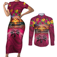 Hawaiian Turtle Love Couple Couples Matching Short Sleeve Bodycon Dress and Long Sleeve Button Shirt Ocean Serenade - Honu Honi Ihu with Hibiscus and Romantic Sunset Pink Color LT03 Pink - Polynesian Pride