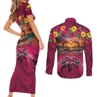 Hawaiian Turtle Love Couple Couples Matching Short Sleeve Bodycon Dress and Long Sleeve Button Shirt Ocean Serenade - Honu Honi Ihu with Hibiscus and Romantic Sunset Pink Color LT03 - Polynesian Pride