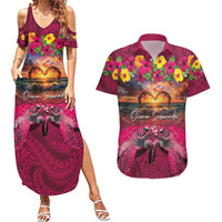 Hawaiian Turtle Love Couple Couples Matching Summer Maxi Dress and Hawaiian Shirt Ocean Serenade - Honu Honi Ihu with Hibiscus and Romantic Sunset Pink Color LT03 Pink - Polynesian Pride