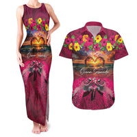 Hawaiian Turtle Love Couple Couples Matching Tank Maxi Dress and Hawaiian Shirt Ocean Serenade - Honu Honi Ihu with Hibiscus and Romantic Sunset Pink Color LT03 Pink - Polynesian Pride
