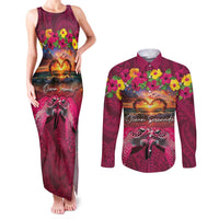 Hawaiian Turtle Love Couple Couples Matching Tank Maxi Dress and Long Sleeve Button Shirt Ocean Serenade - Honu Honi Ihu with Hibiscus and Romantic Sunset Pink Color LT03 Pink - Polynesian Pride