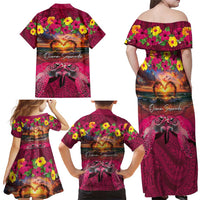Hawaiian Turtle Love Couple Family Matching Off Shoulder Maxi Dress and Hawaiian Shirt Ocean Serenade - Honu Honi Ihu with Hibiscus and Romantic Sunset Pink Color LT03 - Polynesian Pride