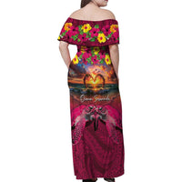 Hawaiian Turtle Love Couple Family Matching Off Shoulder Maxi Dress and Hawaiian Shirt Ocean Serenade - Honu Honi Ihu with Hibiscus and Romantic Sunset Pink Color LT03 - Polynesian Pride